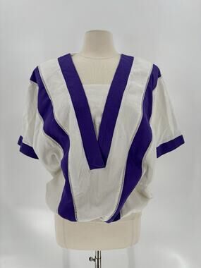 Vintage 80s Regal Shirt Womens 1X White Purple Striped Retro Sheer V Neck Top